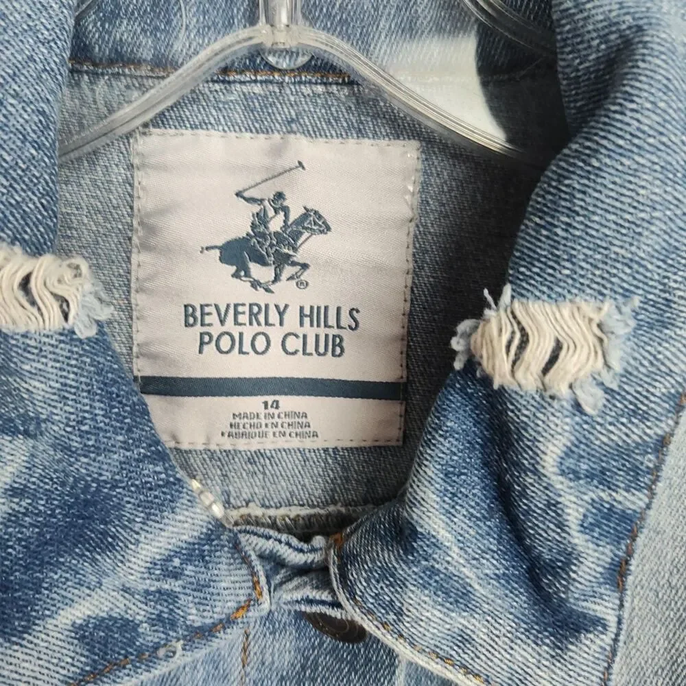 Beverly Hills Polo Club Denim Jacket Girls Size 14‎ Blue Distressed Button Close